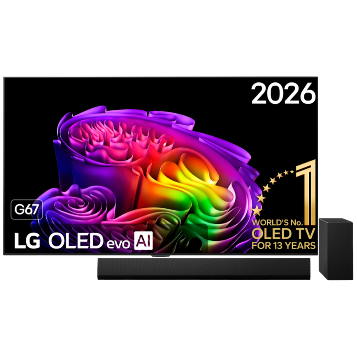 LG OLED evo AI TV met soundbar en subwoofer, kleurrijke grafiek, 2026.