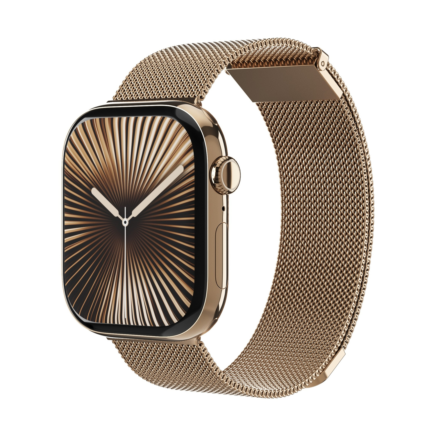 Orologio smart dorato con cinturino milanese e quadrante astratto.