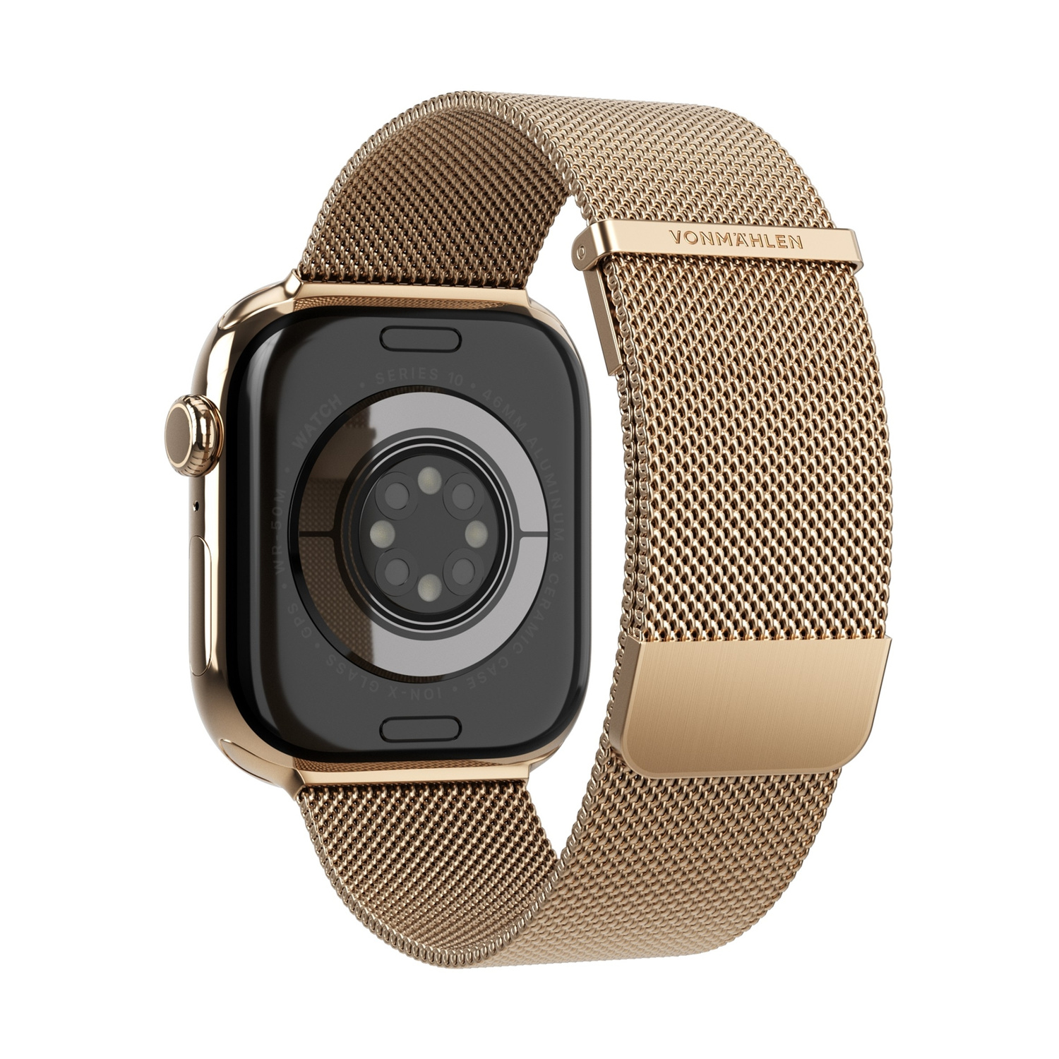 Orologio smart dorato con cinturino milanese, vista posteriore.