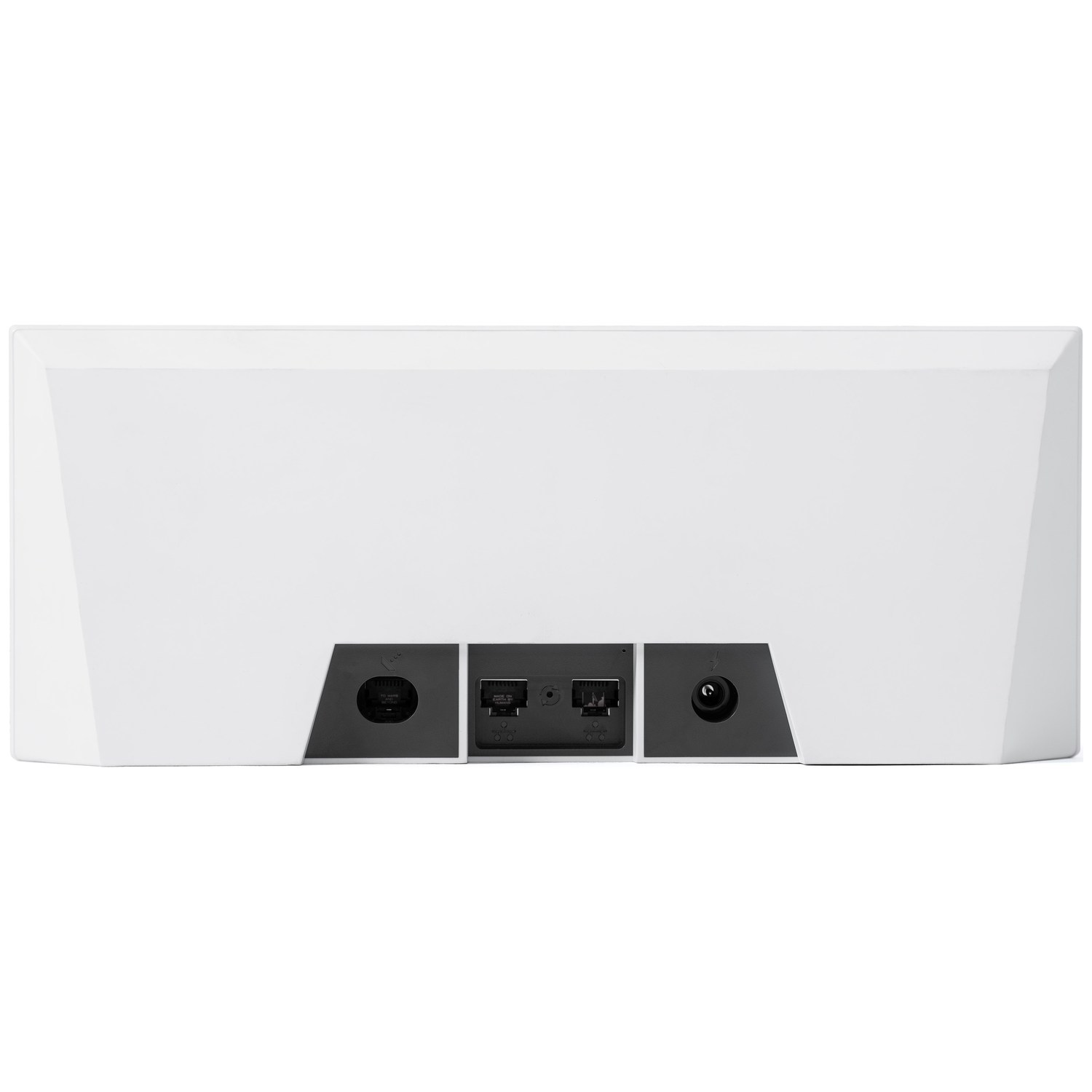 Achterkant van een wit apparaat met stroom-, Ethernet-, USB- en AC-adapterpoorten.