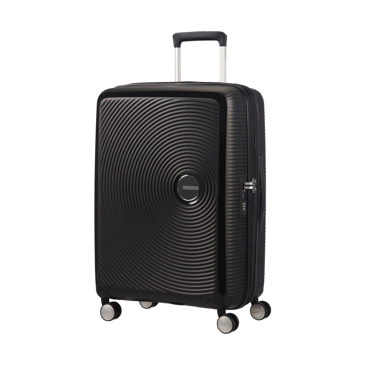 Una valigia nera American Tourister con superficie testurizzata e quattro ruote.