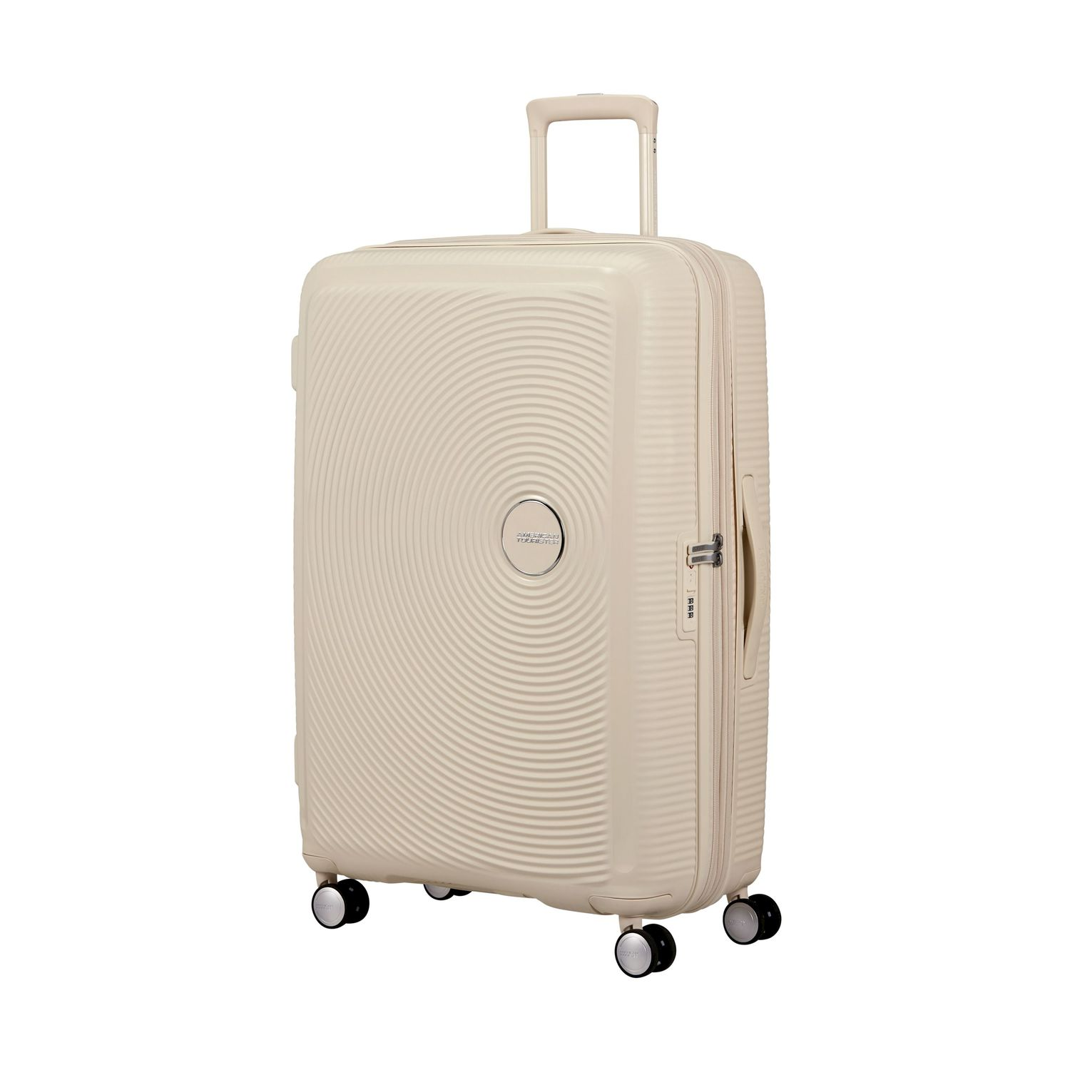 Un trolley color crema con ruote e manico estensibile.