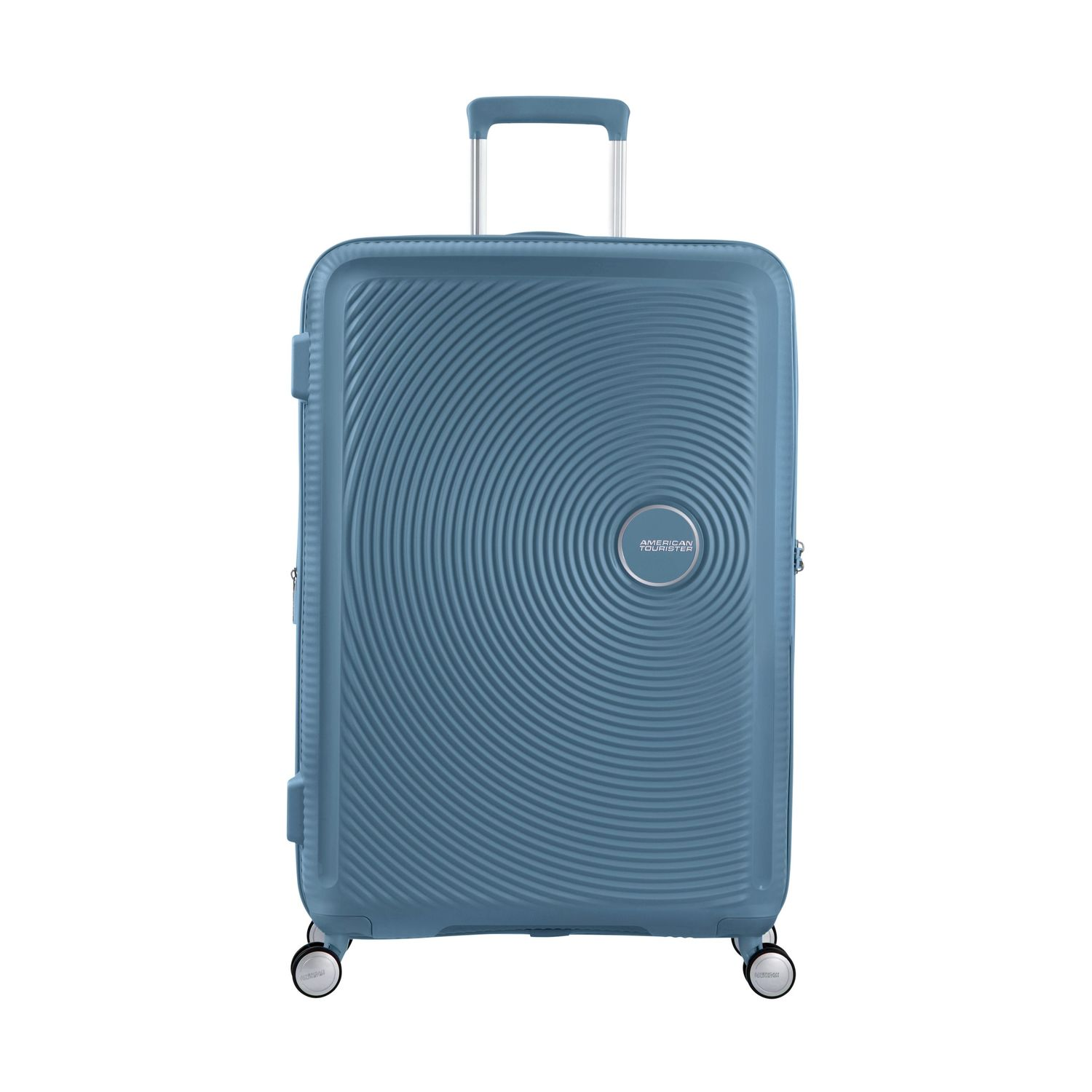 Valigia blu con ruote e manico retrattile. American Tourister.