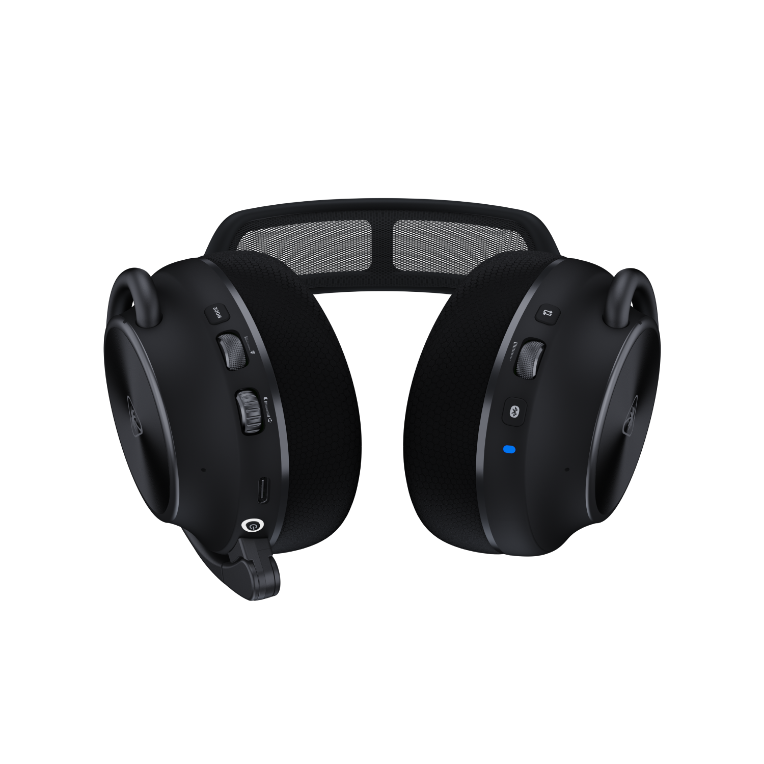 Auriculares inalámbricos negros para juegos con micrófono, controles de volumen e indicador Bluetooth.