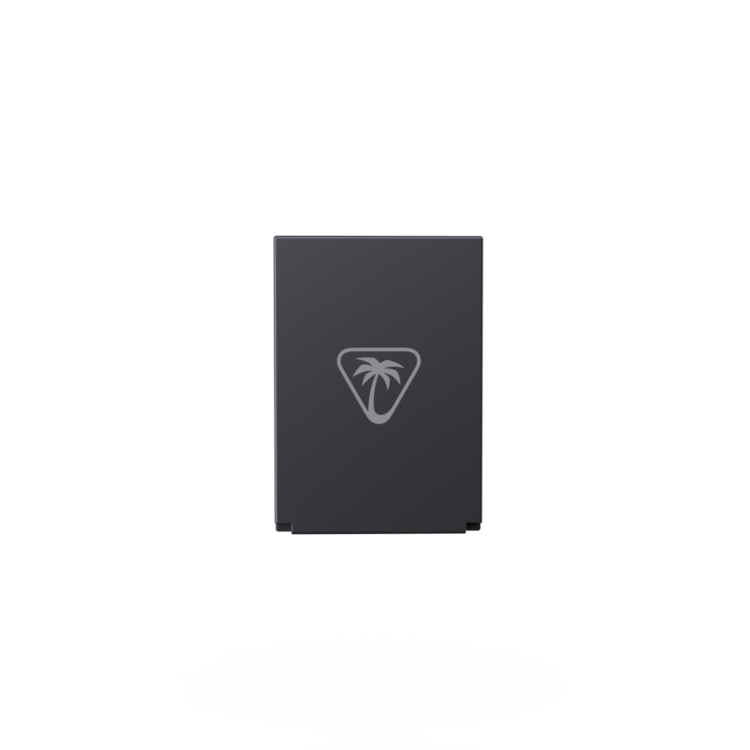 Un objeto rectangular oscuro con un logo de palmera gris claro sobre fondo negro.