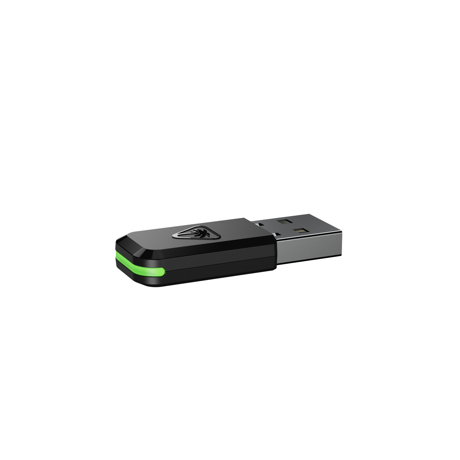 Un dongle USB negro con luz verde y un logo.
