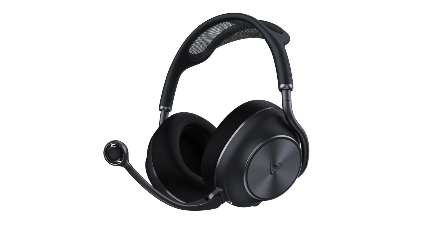Auriculares negros circumaurales con micrófono y detalles plateados sobre fondo negro.