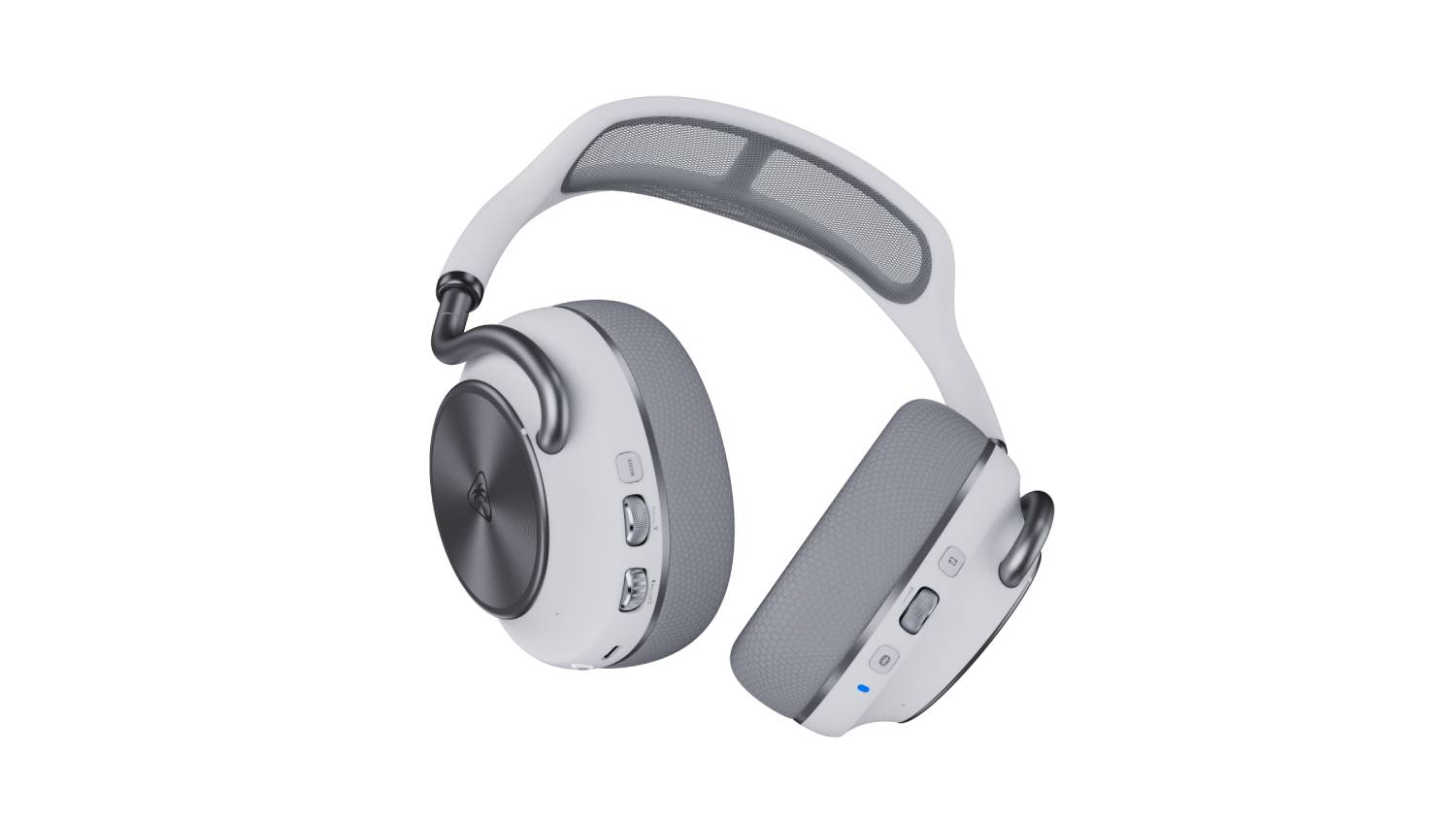Auriculares blancos y grises supraaurales con detalles metálicos y diadema de malla.