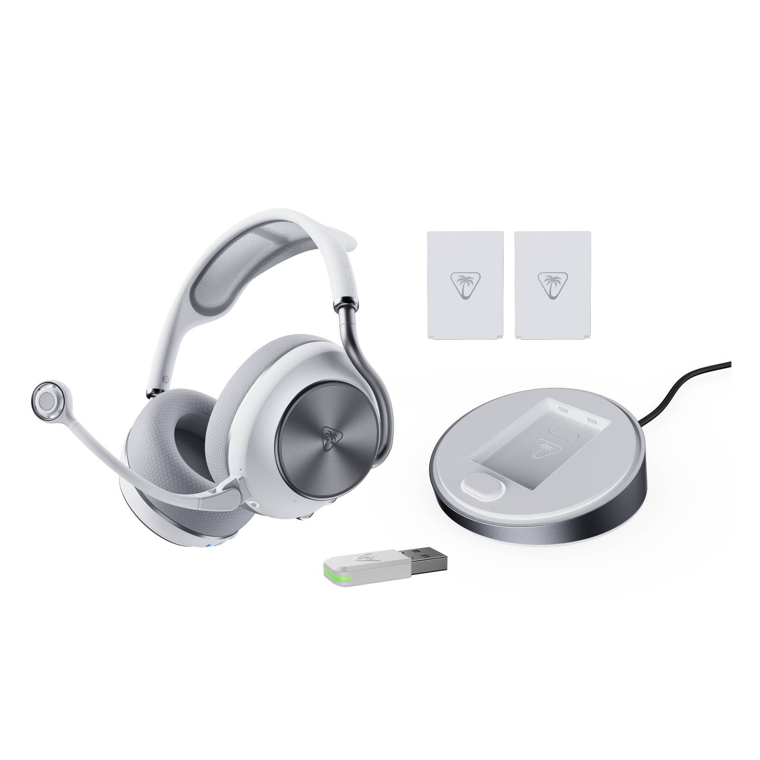 Auriculares blancos para juegos con micrófono, transmisor USB, base de carga y dos cajas.