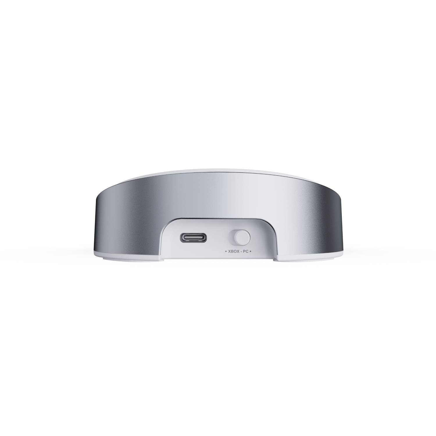 Dispositivo plateado y redondeado con puerto USB-C y interruptor.
