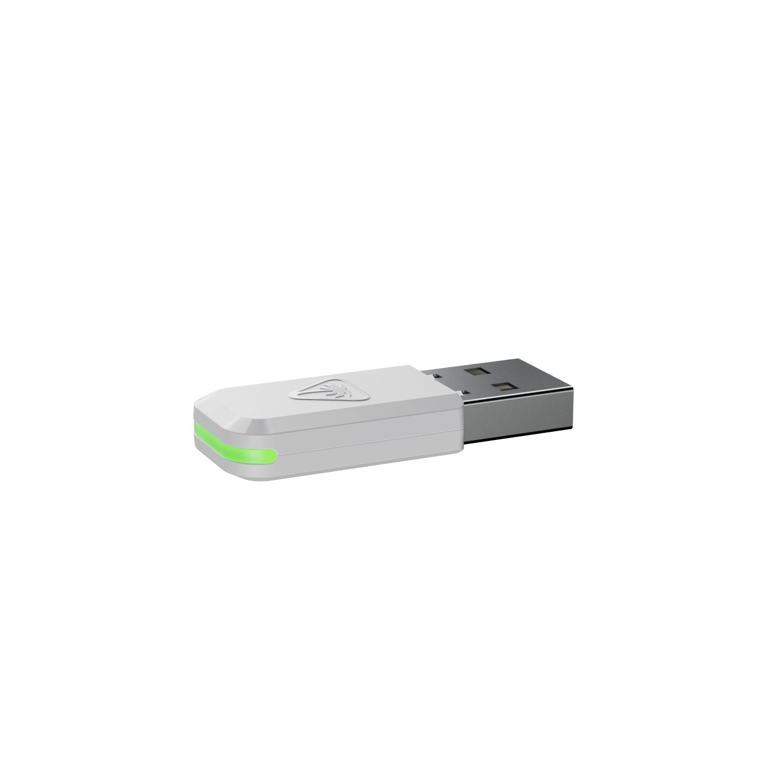 Adaptador USB blanco con luz verde y logo.