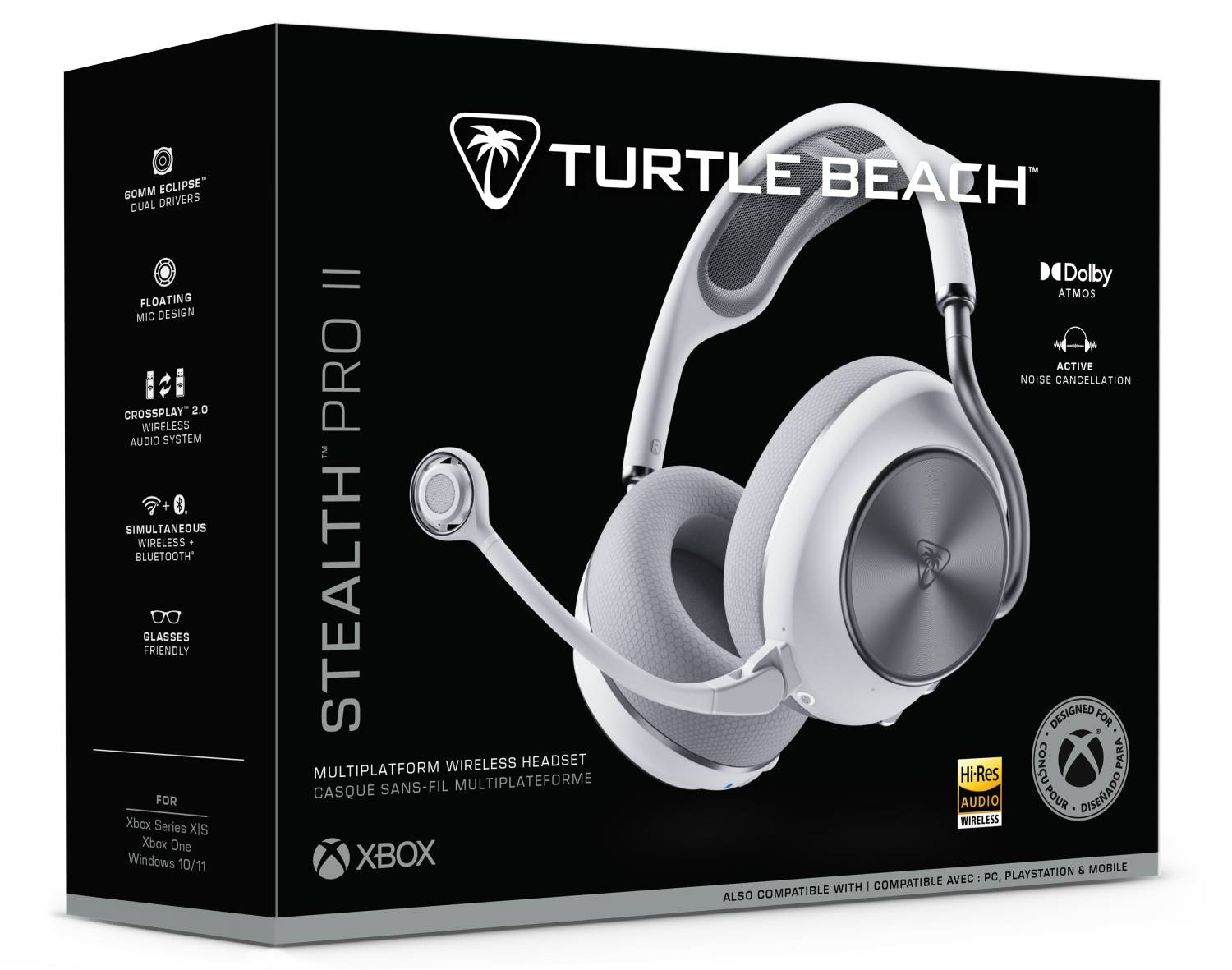 Embalaje de unos auriculares para juegos Turtle Beach Stealth Pro II blancos con micrófono.