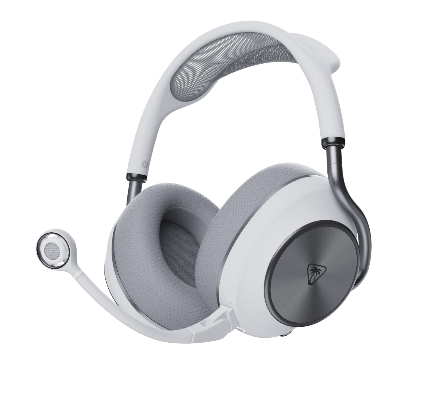 Auriculares blancos y grises con micrófono sobre fondo negro.