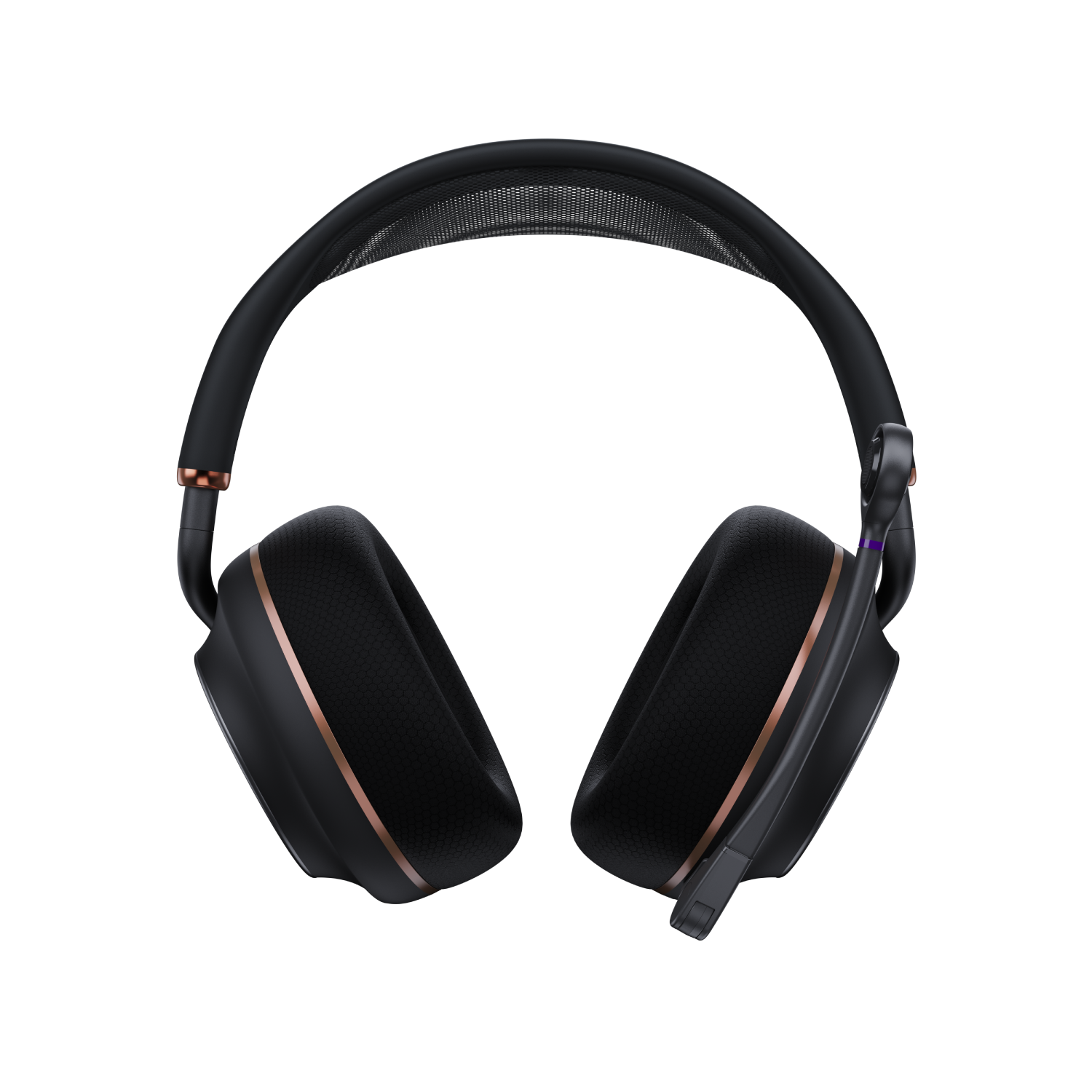 Auriculares negros con detalles en cobre y micrófono sobre fondo negro.