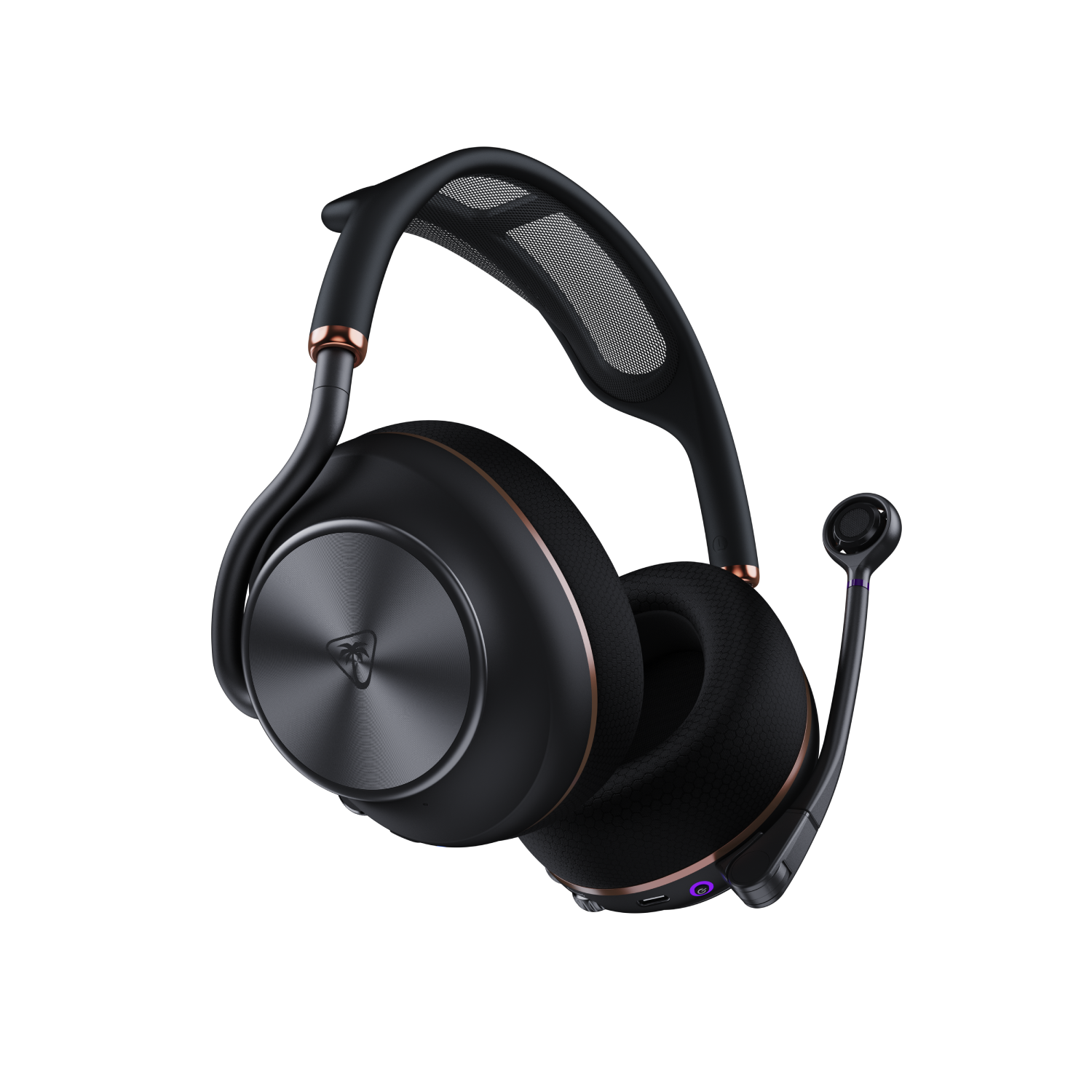 Auriculares negros con detalles en oro rosa y micrófono sobre fondo negro.