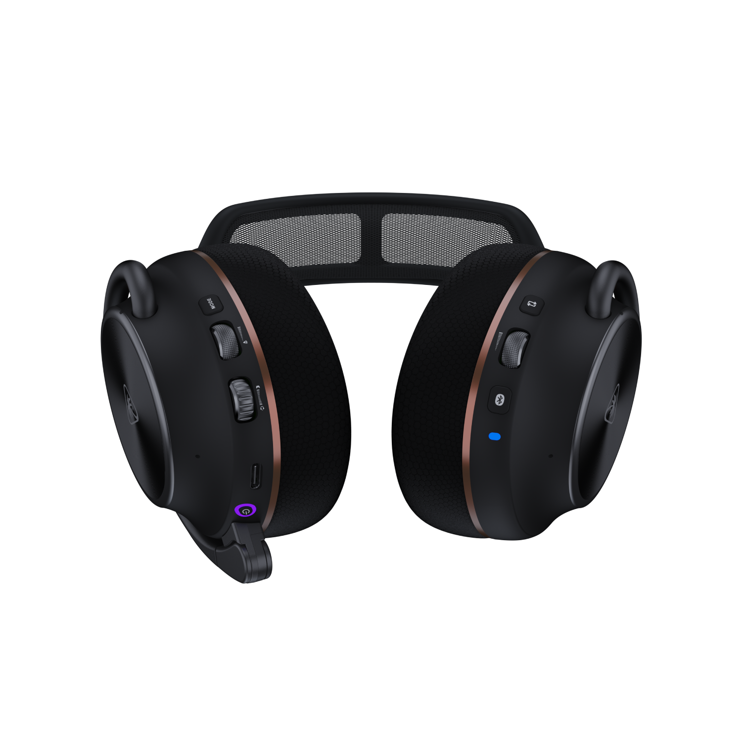 Auriculares negros con detalles en cobre y micrófono, sobre fondo negro.