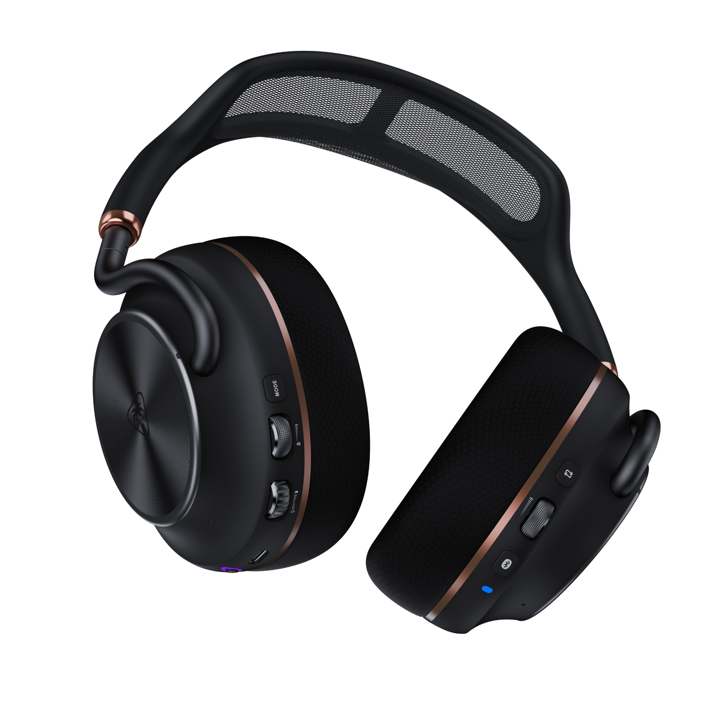 Auriculares negros con detalles en cobre sobre fondo negro.