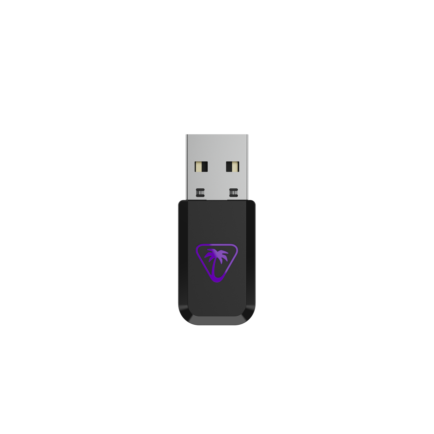 Una memoria USB negra con un logo de hoja de palma morada.