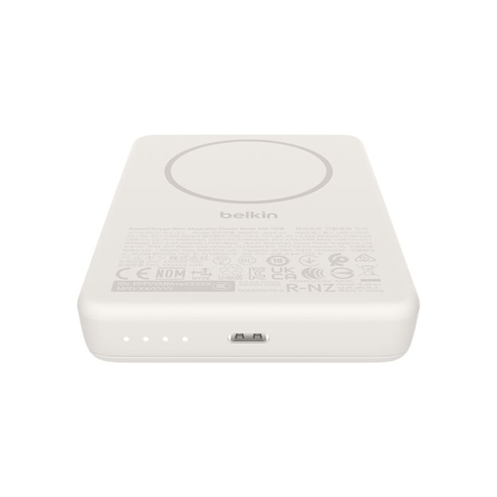 Cargador Belkin MagSafe blanco con puerto USB-C e indicadores de carga.