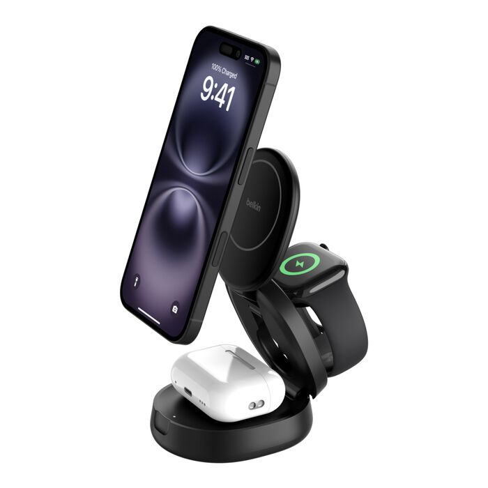 Soporte de carga negro con iPhone, Apple Watch y carga de AirPods Pro.