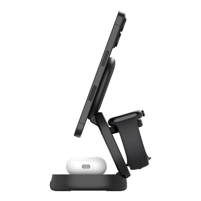 Soporte de carga negro con iPhone, Apple Watch y AirPods.