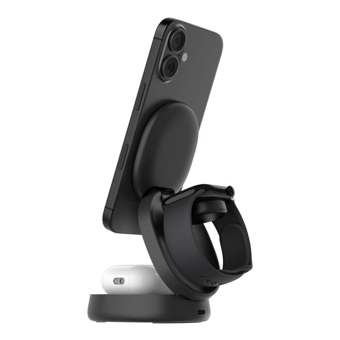 Soporte de carga negro con teléfono, reloj y auriculares. Diseño minimalista.