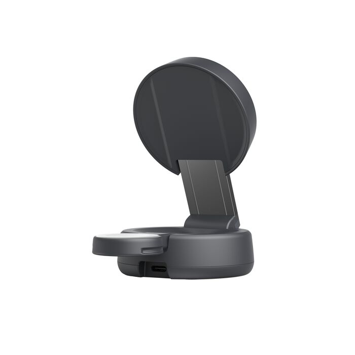 Un soporte de carga gris con brazo plegable para un teléfono.