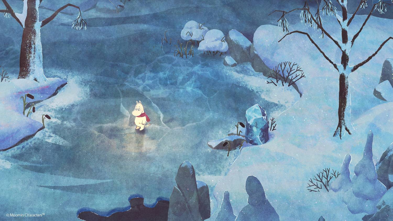 Un Mumin en una superficie helada en la nieve con árboles y rocas.