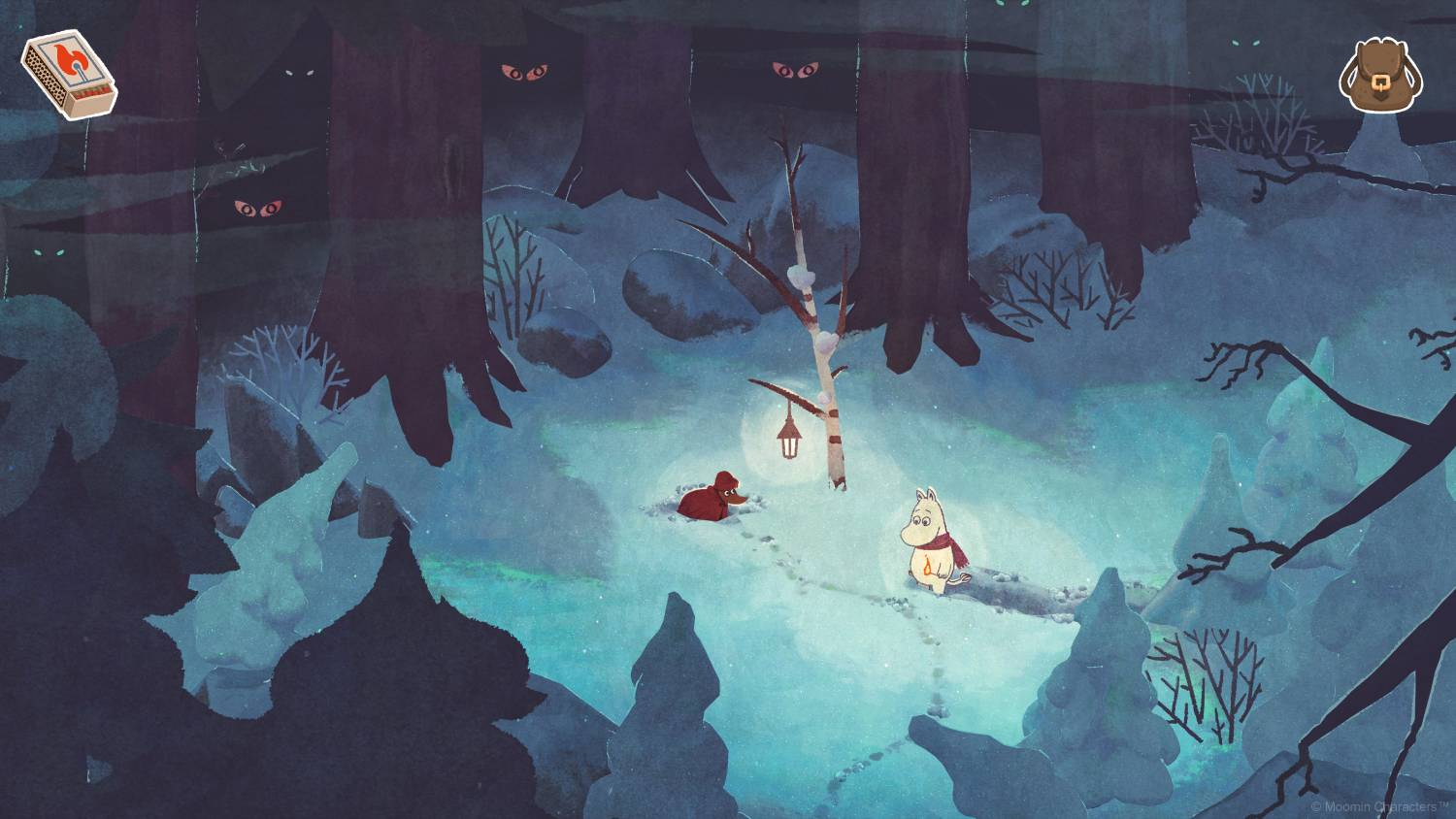 Mumin en un bosque nevado por la noche, con una criatura roja y ojos amenazantes.