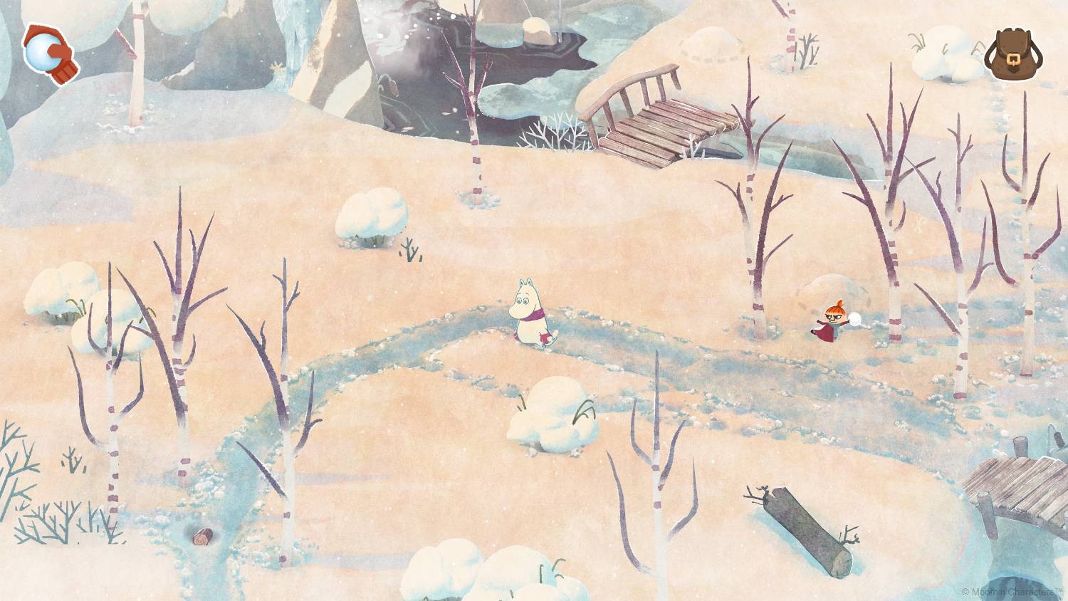 Un paisaje invernal con personajes de Mumin, nieve y árboles.
