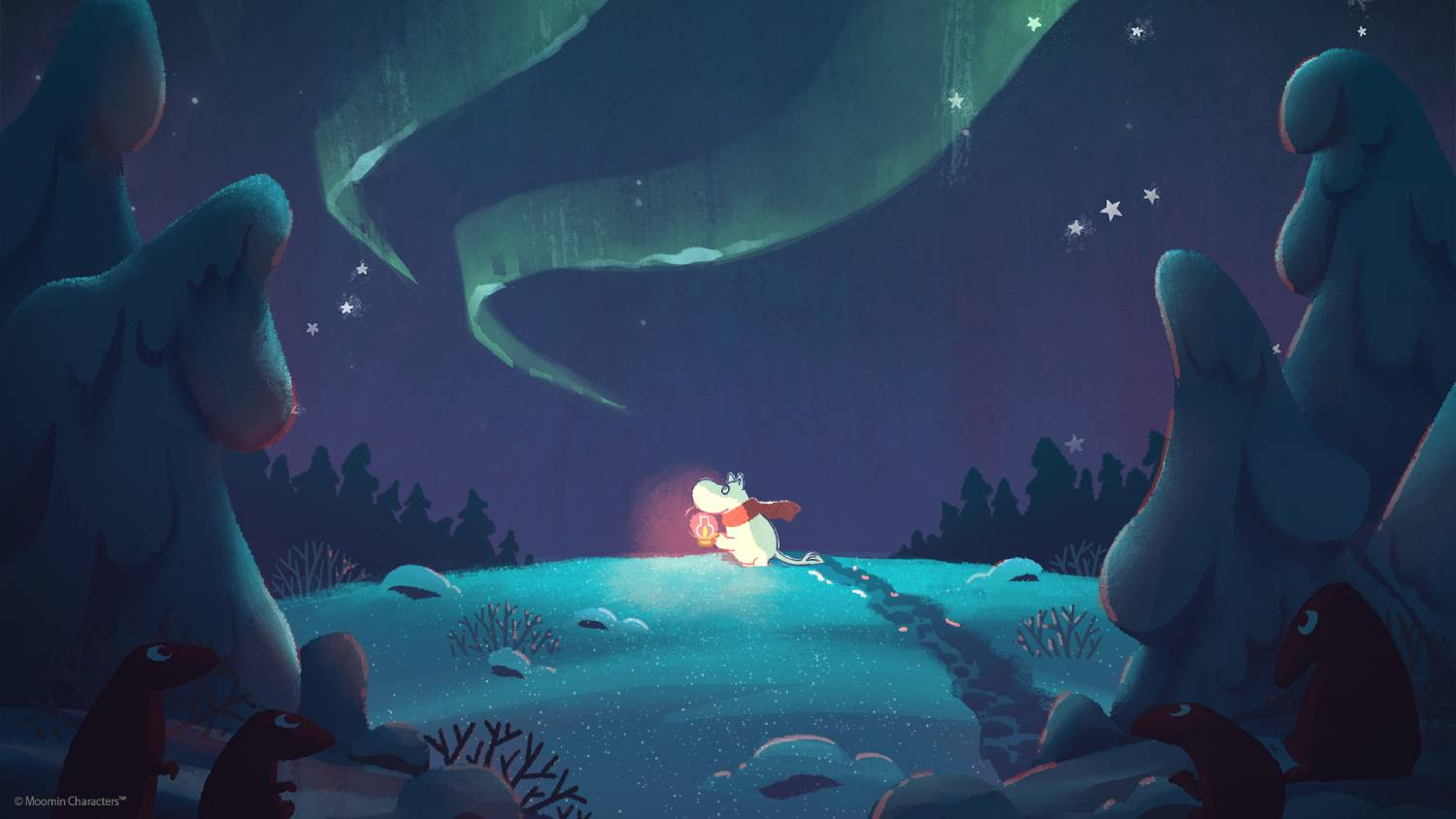 Un Mumin con bufanda roja porta una linterna bajo la aurora boreal.
