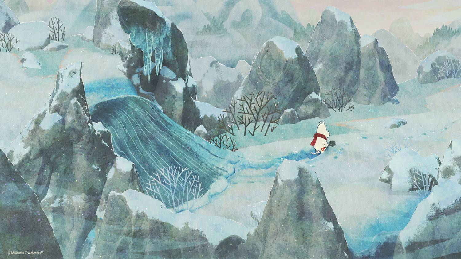 Un Mumin con bufanda roja camina por un paisaje nevado con cascada congelada.