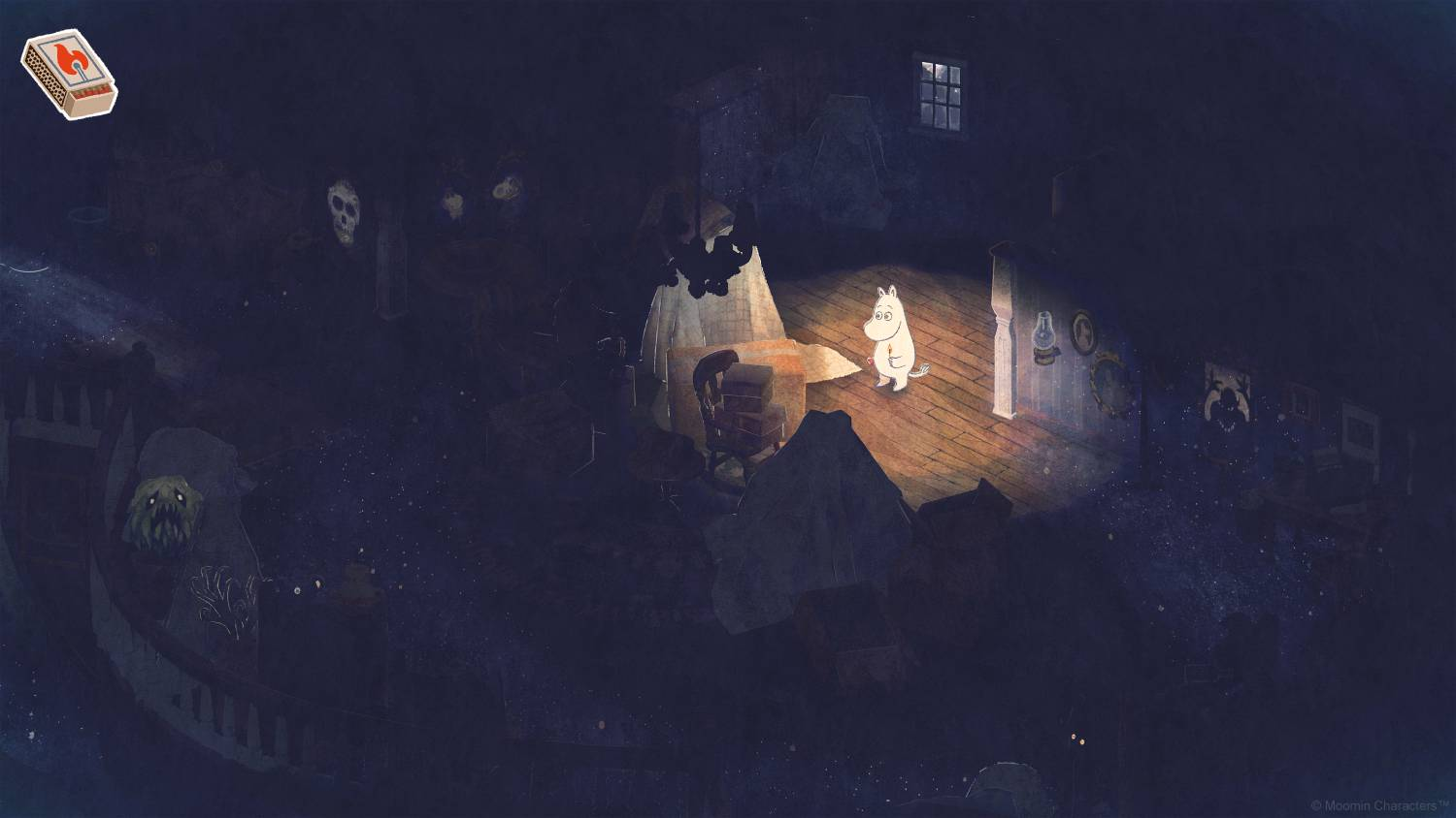 Un Mumin está en una habitación oscura, iluminado por una lámpara. Un monstruo está en un barco.