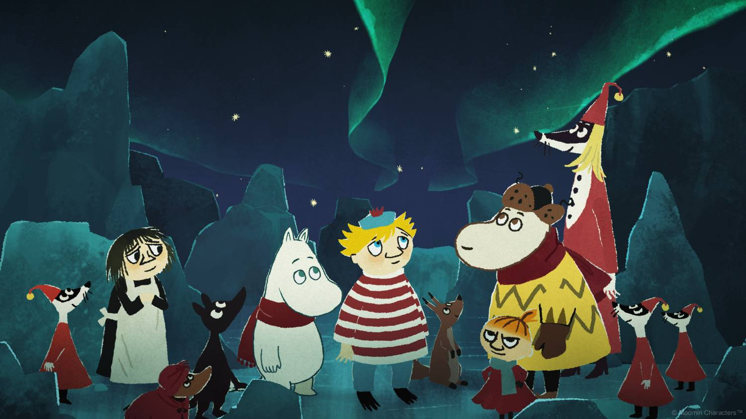 Personajes de Mumin bajo la aurora boreal. Un grupo de personajes en primer plano.