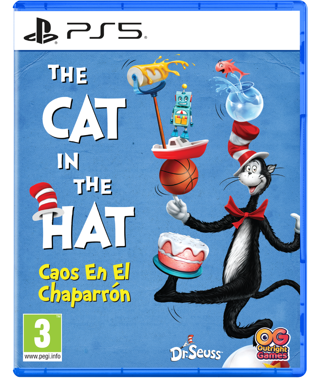 Portada del juego PS5 'El Gato Ensombrerado' con el Gato equilibrando una torre.