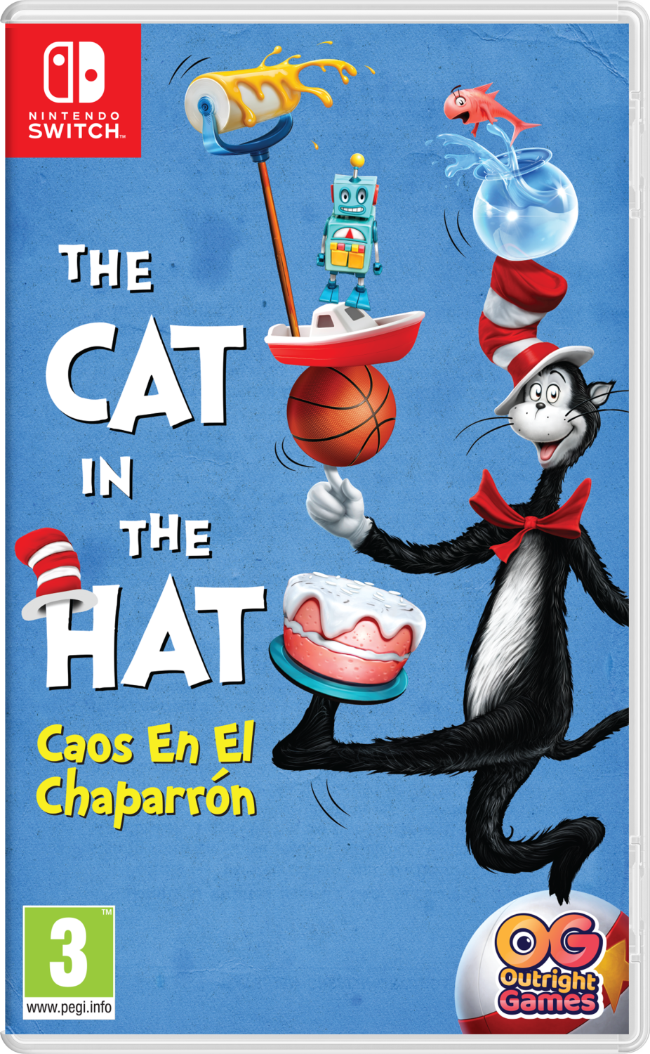 El Gato en el Sombrero equilibra una canasta con un robot y un barco encima.