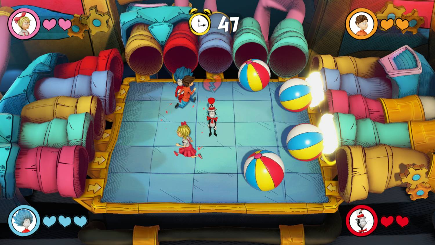 Una escena de juego con personajes y balones de playa, un temporizador muestra 47.