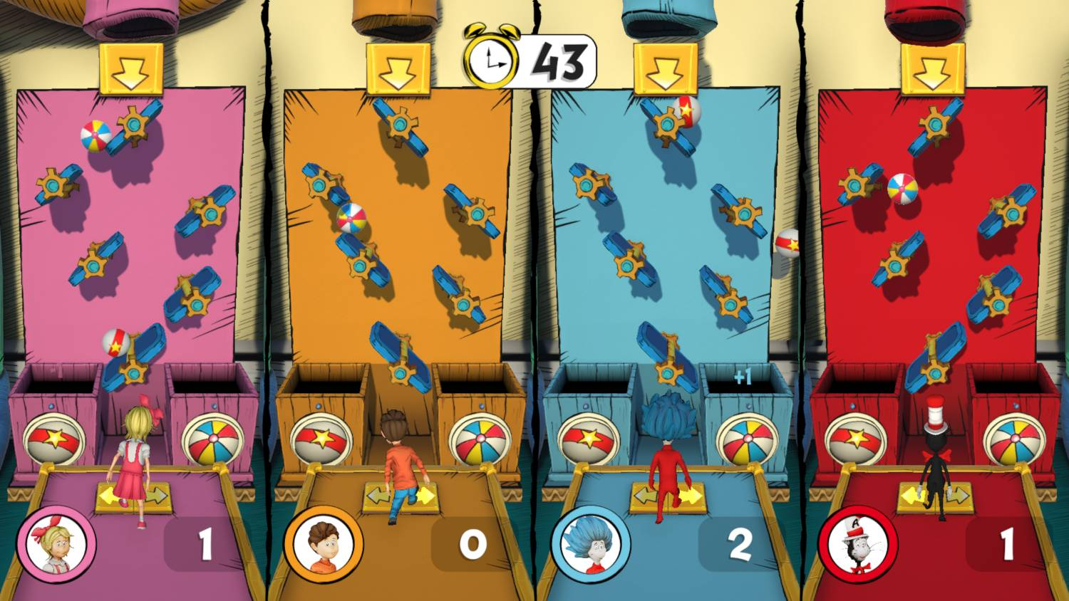Cuatro carriles coloridos con piezas de juego y ruedas. Un temporizador muestra 43.