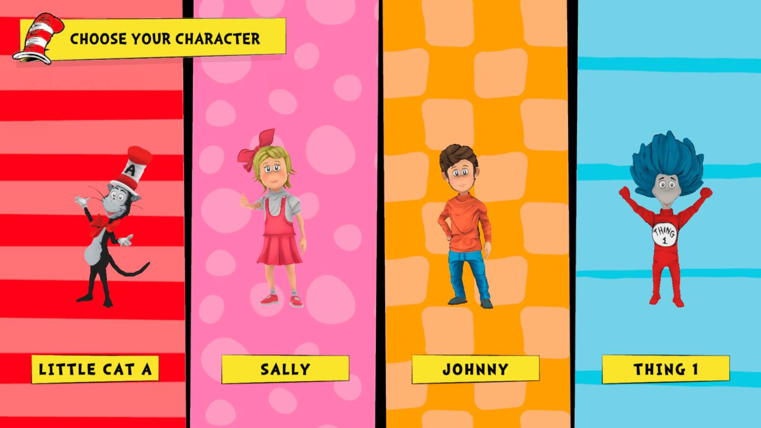 Cuatro personajes: Gato A, Sally, Johnny y Cosa 1 sobre fondos coloridos.