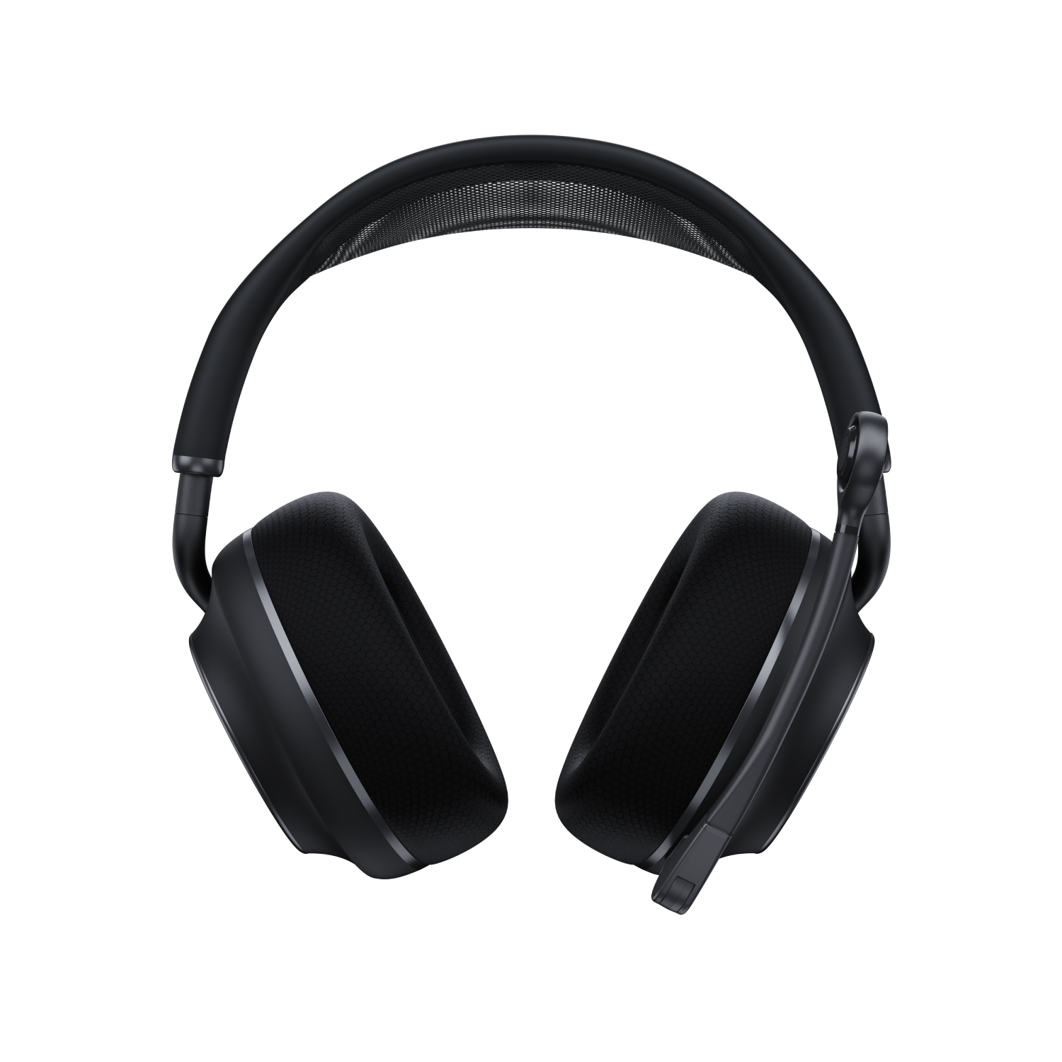 Auriculares negros supraaurales con detalles plateados y micrófono.