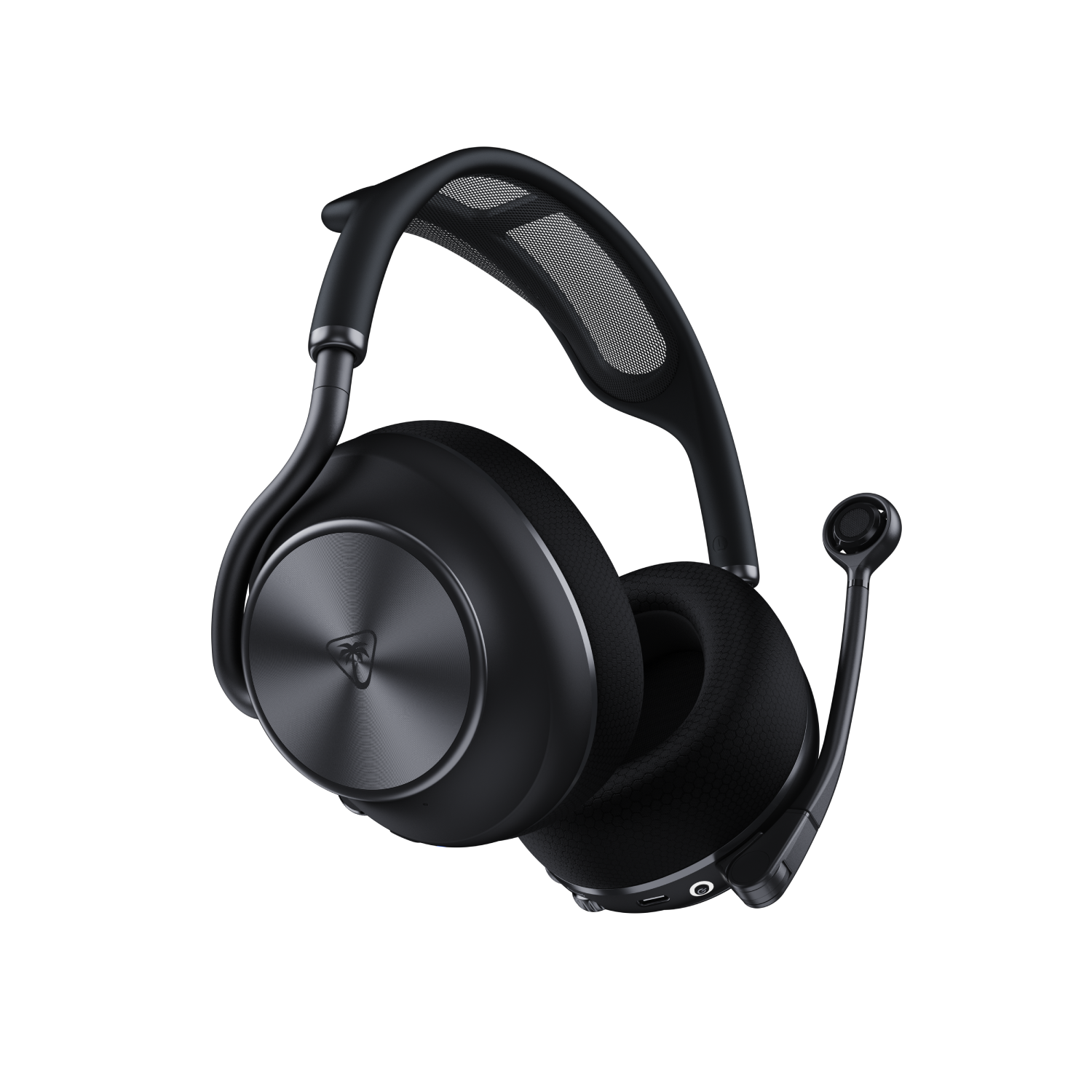 Auriculares negros con micrófono, sobre fondo negro, con logo en el auricular.