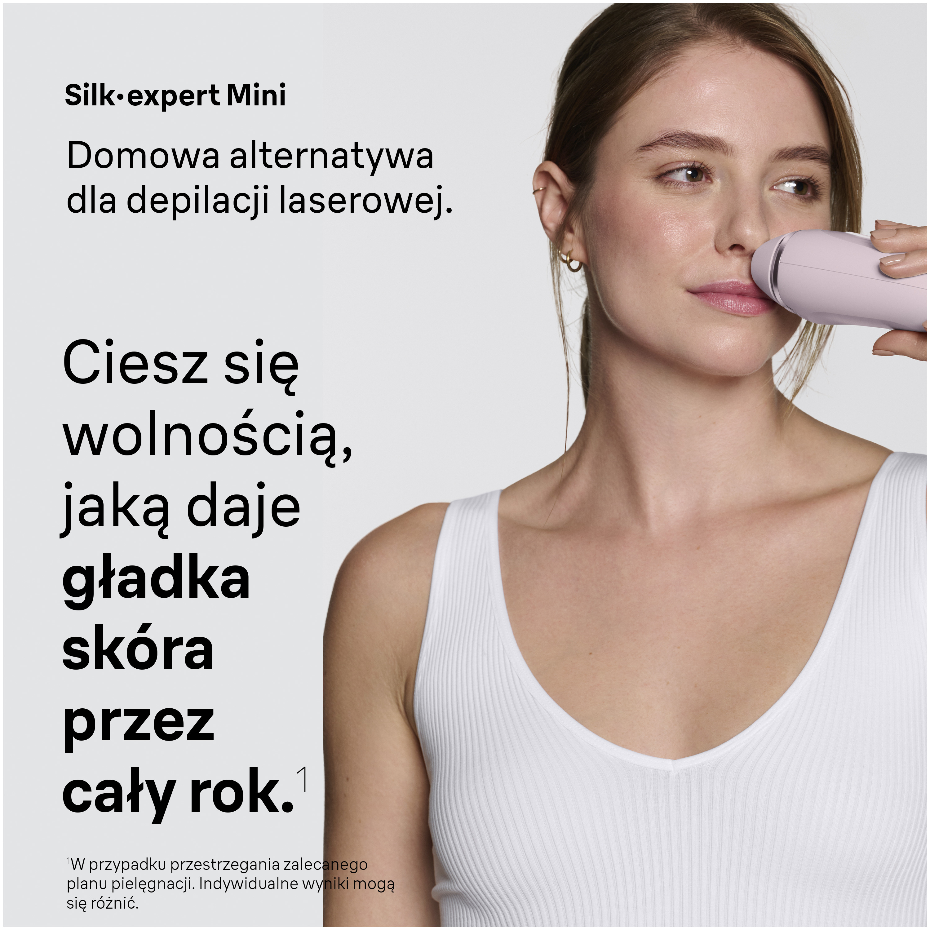 Kobieta używa różowego depilatora na górnej wardze. Tekst po lewej po polsku.