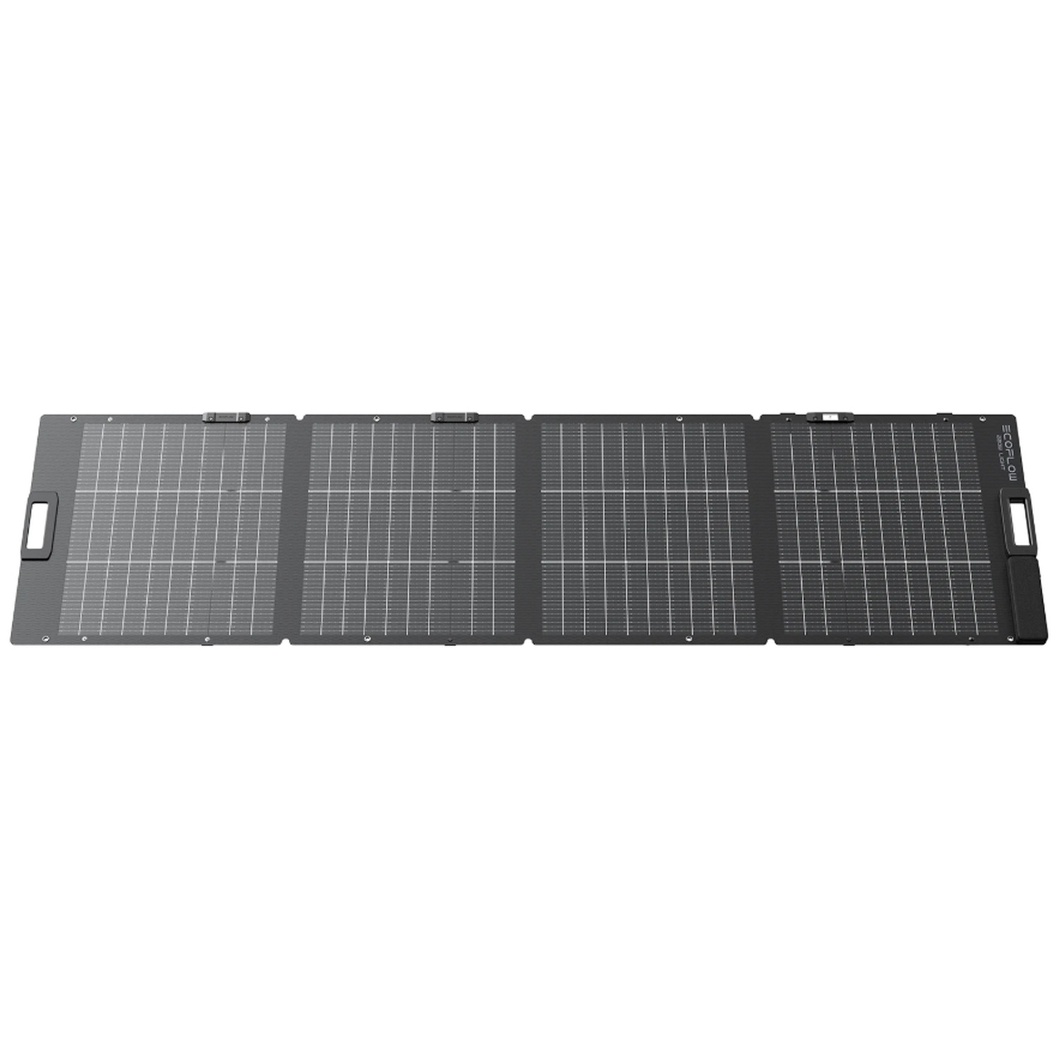 A black, foldable solar panel with four sections and handles on each end.