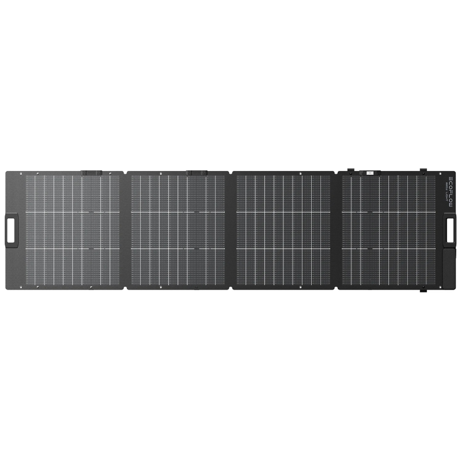 Four black foldable solar panels are laid out flat in a row against a white background.