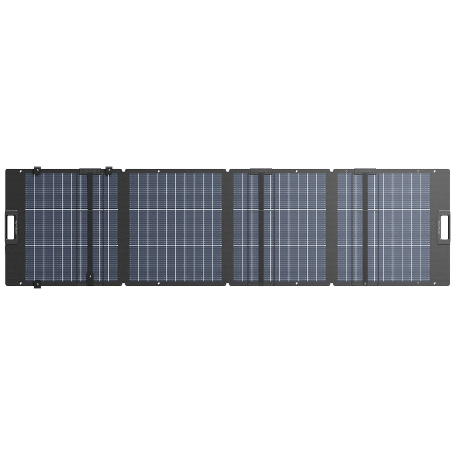 Four dark blue solar panel modules are laid out side-by-side.