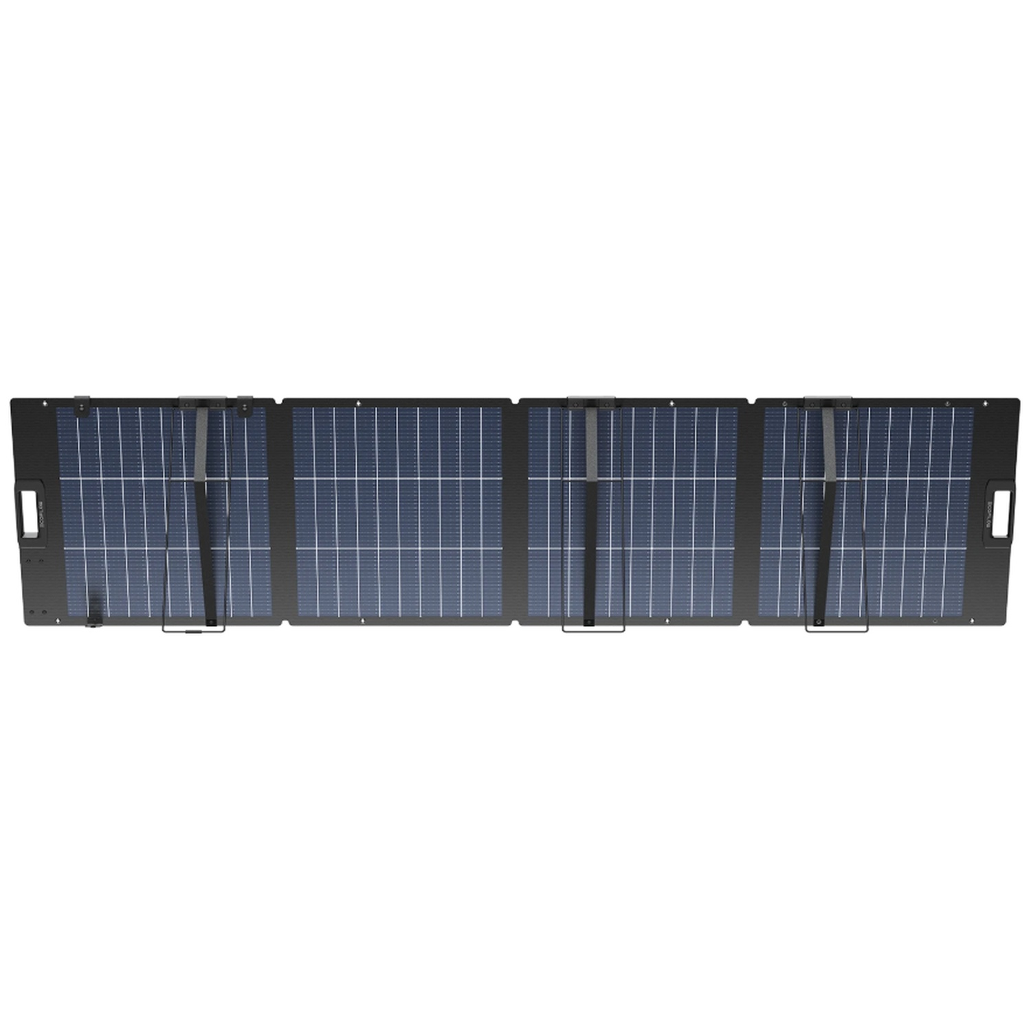 A foldable solar panel with a blue grid pattern and black frame.
