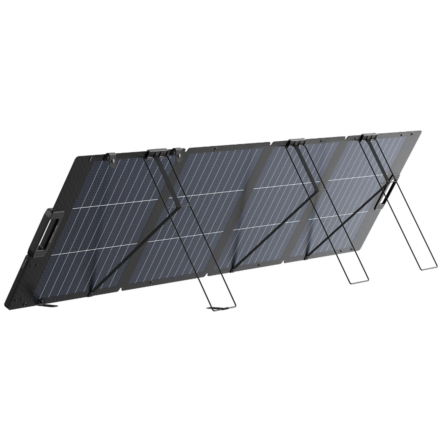 A folded, portable solar panel with black frame and dark blue cells, supported by metal legs.