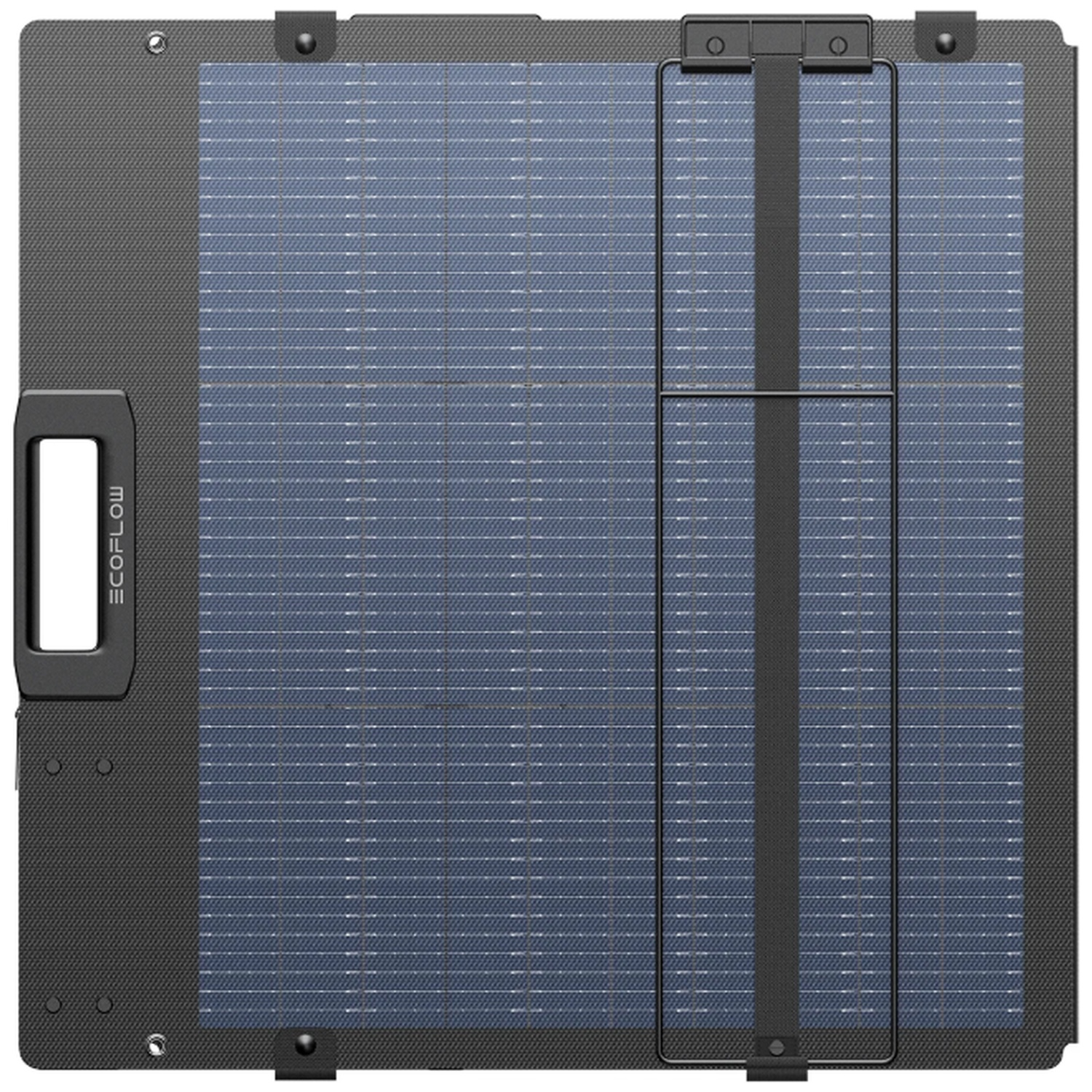 A foldable solar panel with a black frame and handle.