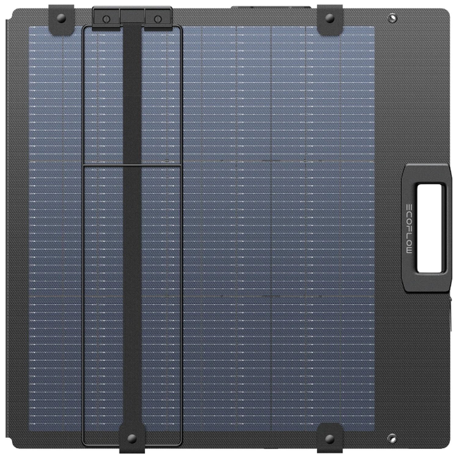 Unfolded solar panel with black frame and handle.