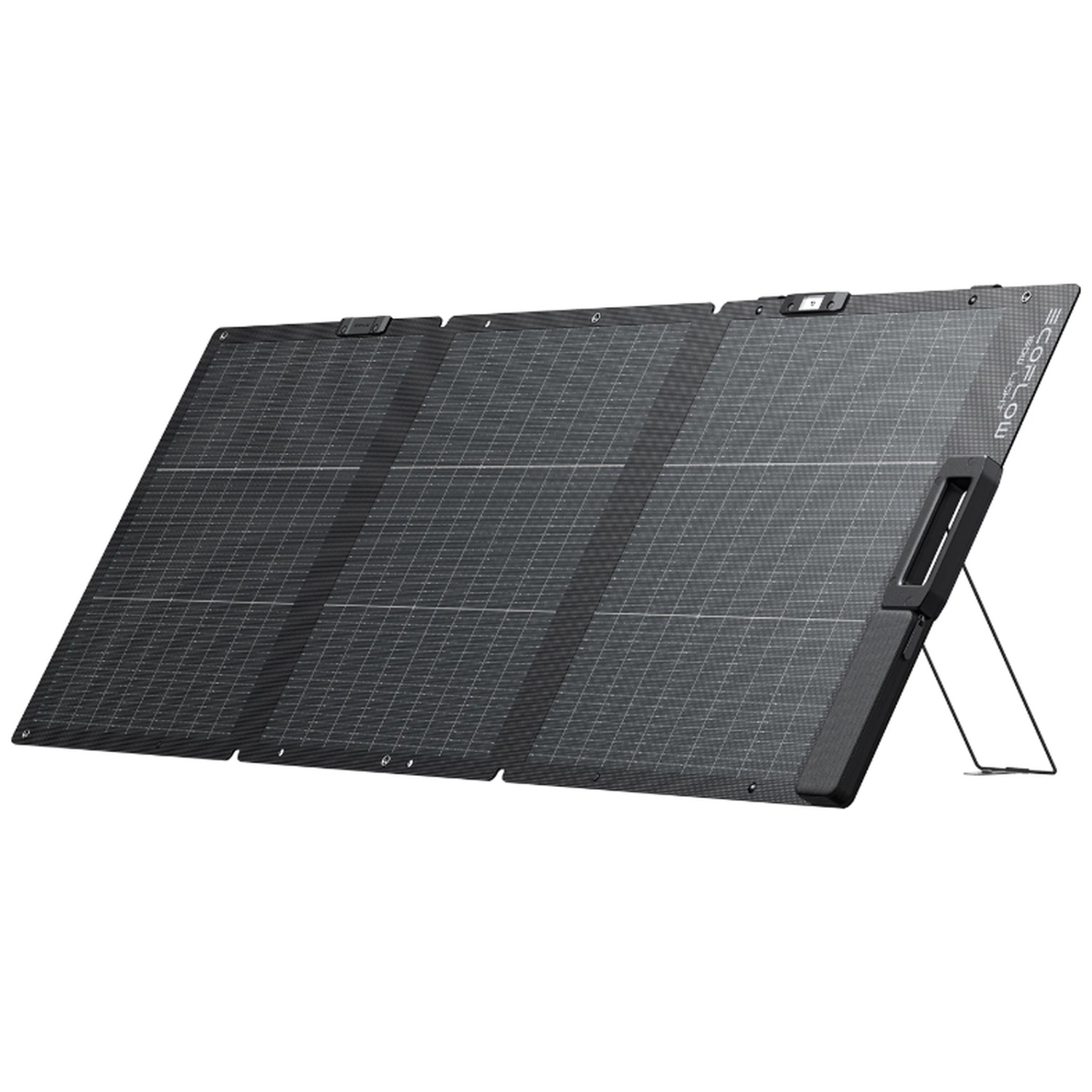 A foldable solar panel with three segments, standing on a kickstand.